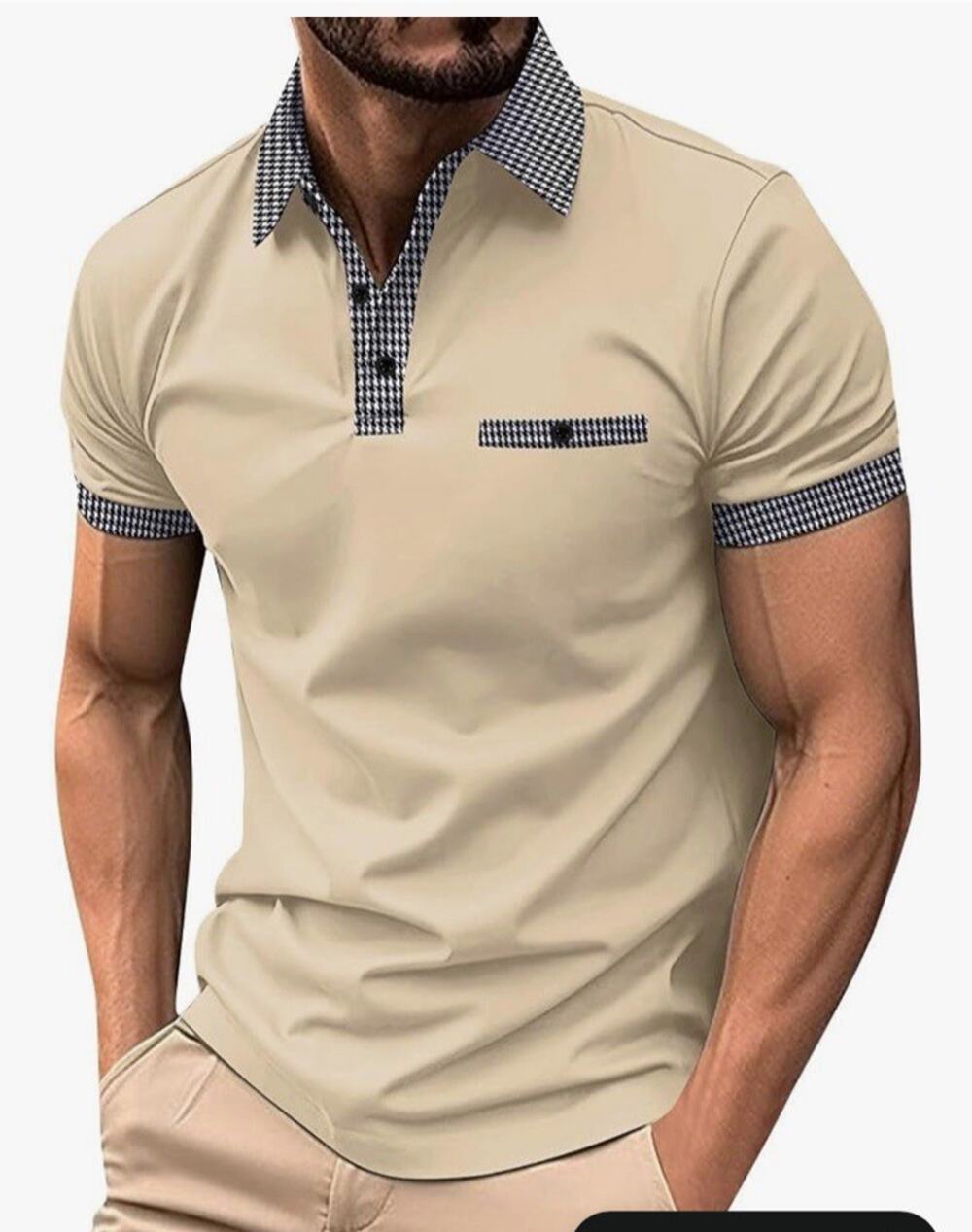 Men's cream Polo Shirt Contrast Plaid Collar Houndstooth Trim Pocket Size M NEW